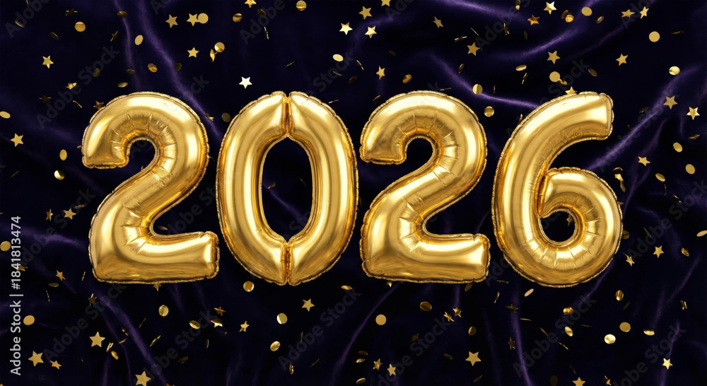 Fototapeta premium New year 2026 celebration gold balloons, Glossy metallic gold foil helium balloons