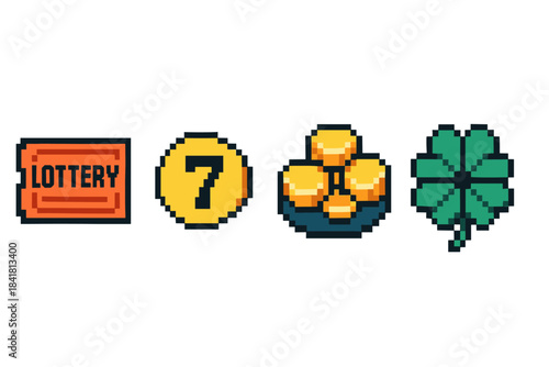 Retro pixel art symbols of luck: lottery ticket, lucky number, gold coins, four leaf clover