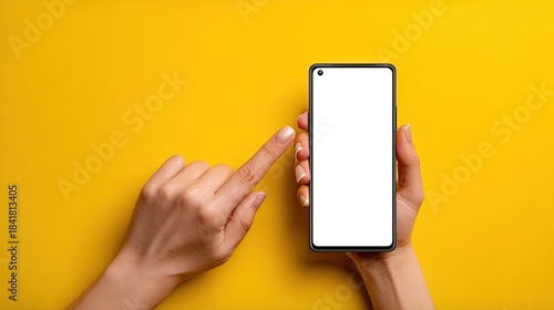 Hand holding modern smartphone with blank screen, finger tapping it
