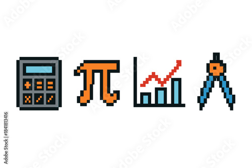 Pixel art mathematics icons: calculator, pi symbol, graph, compass