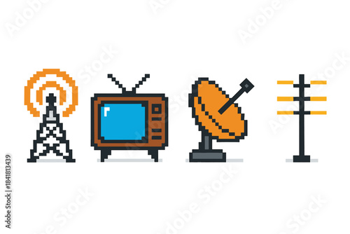 Retro pixel art: antenna, tv, satellite dish, and telecommunications tower