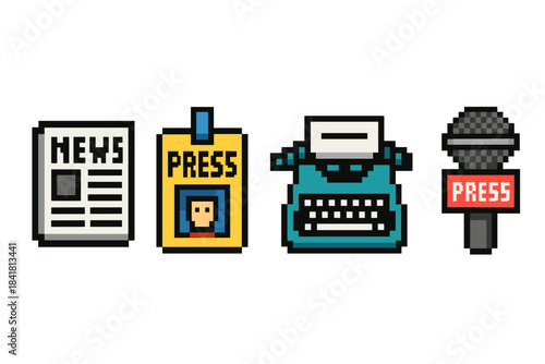 Pixel art icons of journalism tools: newspaper, press badge, typewriter, microphone