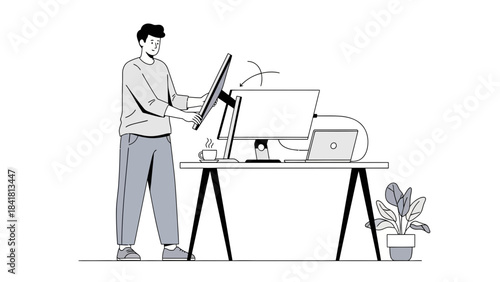 Man setting up dual monitor workstation at home or office, technology concept
