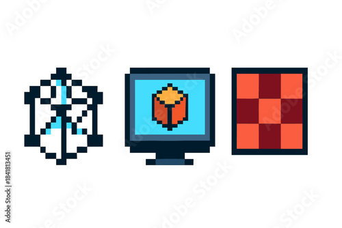 Pixel style art: abstract crystal, computer, and chess board