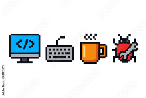 Pixel art icons: computer, keyboard, coffee, debugging bug with tools