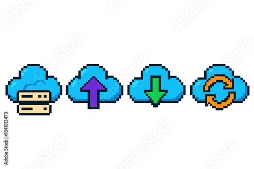 Pixel art cloud computing icons with upload, download, synchronization symbols