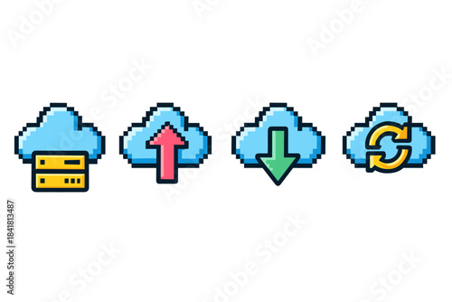 Pixel cloud icons: storage, upload, download, sync in retro style