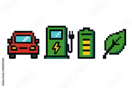 Pixel art icons of electric car, charging station, battery, and leaf symbolizing eco-friendly technology