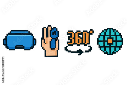 Retro pixel art of vr headset and 360-degree camera icons