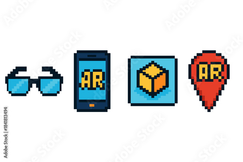 Augmented reality icons: glasses, smartphone, cube, marker in pixel art style