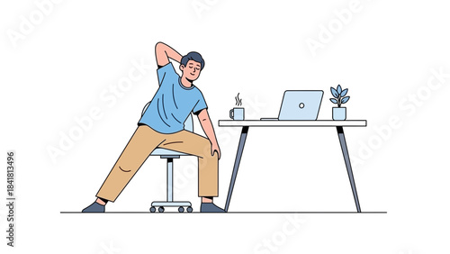 Man stretching at desk, taking a break from work to improve health and wellness