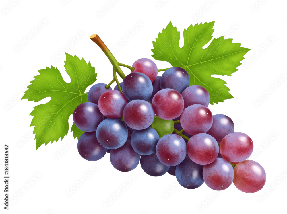 Fototapeta premium Bunch of ripe red and purple grapes with vibrant green leaves and a sturdy stem, highlighting the fresh, juicy, and sweet fruit ready for harvest.