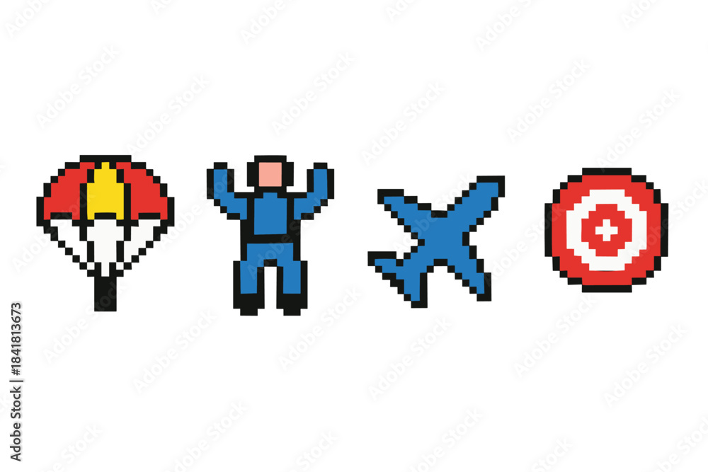Obraz premium Pixel art icons: parachute, skydiver, airplane, target
