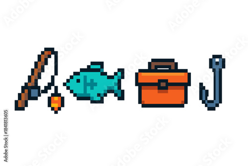 Pixel art fishing gear icons - rod, fish, tackle box, hook