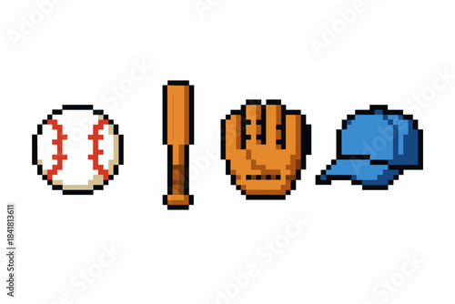 Pixel art baseball equipment set: ball, bat, glove, cap