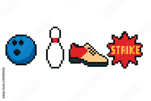 Pixel art bowling elements: ball, pin, shoe, strike burst