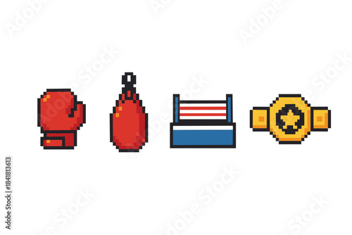 Pixel art boxing gear: gloves, punching bag, ring, championship belt
