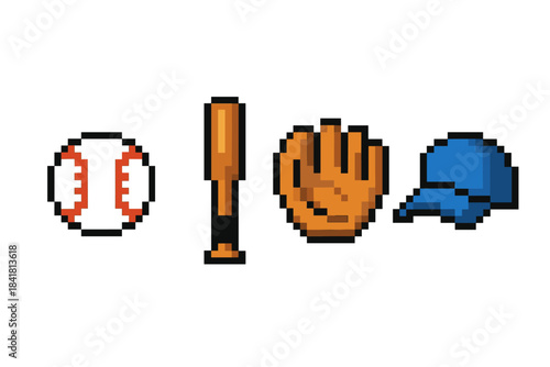 Pixel art baseball equipment: bat, ball, glove, cap icons