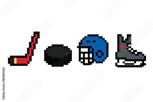 Pixel art ice hockey equipment set with stick, puck, helmet, and skate
