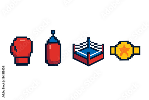 Pixel art boxing set: glove, punching bag, ring, championship belt