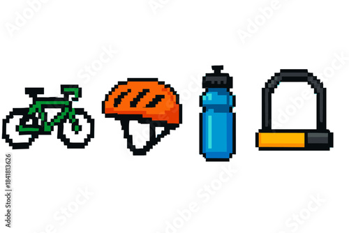 Pixel art bicycle set: bike, helmet, water bottle, lock icons