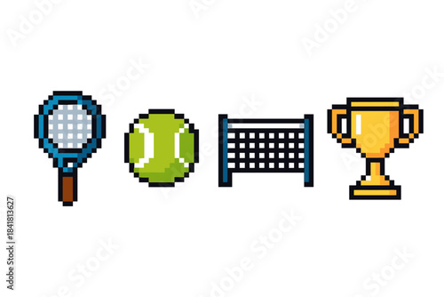 Pixel art tennis icons: racket, ball, net, trophy collection