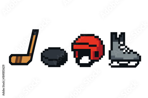 Pixel art hockey icons: stick, puck, helmet, skates
