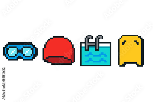 Retro pixel art of swim gear featuring goggles cap pool and towel