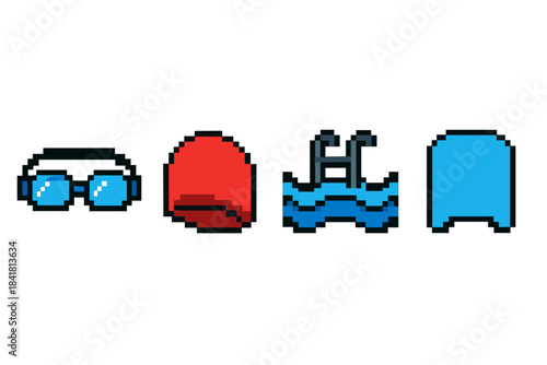 Pixel art swimming equipment icons with goggles, swim caps, and pool ladder