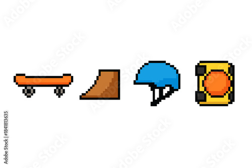 Pixel art skateboard set: ramp, helmet, retro game style
