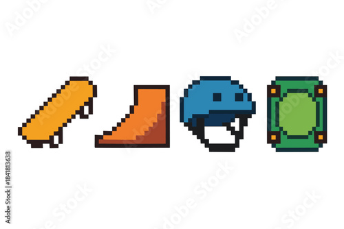 Pixel art skateboard set: skateboard, ramp, helmet, knee pad in retro style
