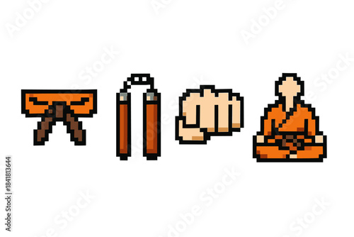 Pixel martial arts icons: kung fu, nunchaku, punch, meditating monk