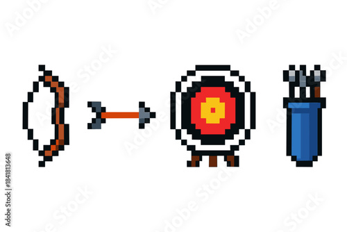 Pixel art archery set with bow, arrow, target, quiver