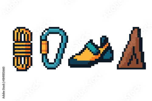 Pixel art climbing gear: rope, carabiner, shoe, mountain icons in retro style