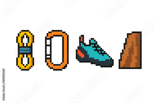 Pixel art climbing gear including rope, carabiner, shoe, and cliff illustration