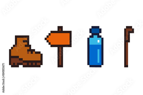 Pixel art icons: hiking boot, trail sign, water bottle, walking cane