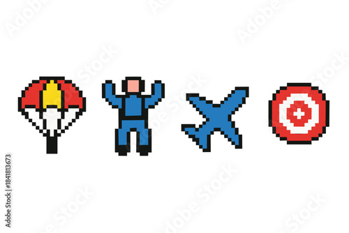 Pixel art icons: parachute, skydiver, airplane, target