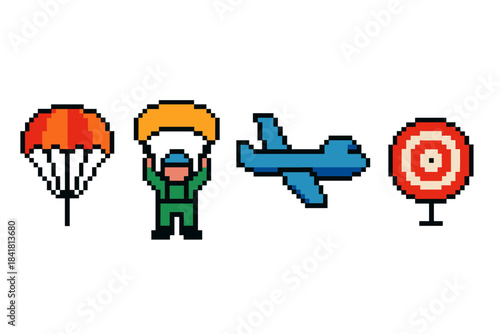 Pixel art parachute skydiver and airplane with target