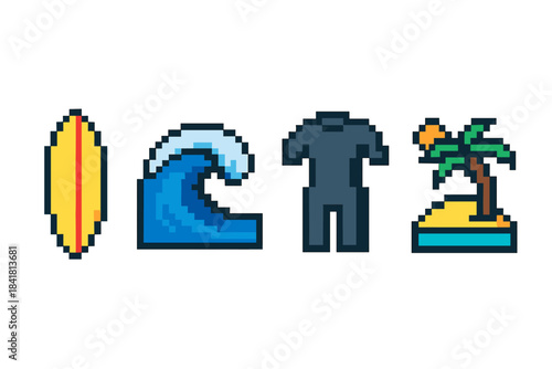 Pixel art surfing icons: surfboard, wave, wetsuit, beach scene