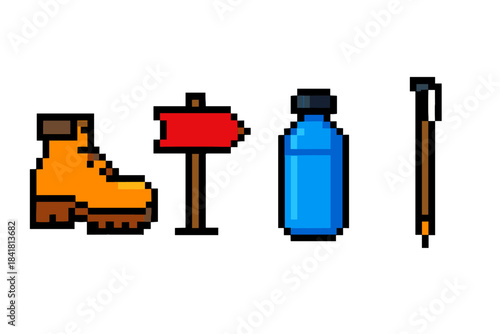 Pixel art hiking gear: boot, trail sign, water bottle, walking stick