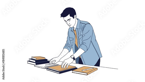 Man working and studying with books and papers, illustration vector design on white background