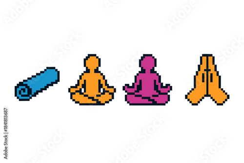 Pixel art yoga icons: meditation and relaxation symbols