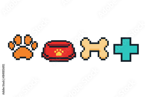 Pixel art: pet care icons with paw, bowl, bone, and medical cross