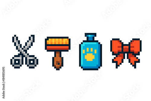 Pixel art pet grooming tools: scissors, brush, shampoo, bow icons