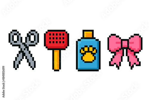 Pixel art pet grooming tools: scissors, brush, shampoo, bow