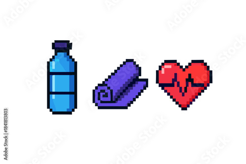 Pixel art fitness icons: water bottle, yoga mat, heart for healthy living