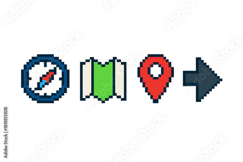 Pixel art navigation icons with compass, map, location pin, and arrow