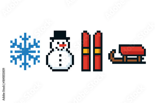 Pixel art winter icons: snowflake, snowman, skis, sled