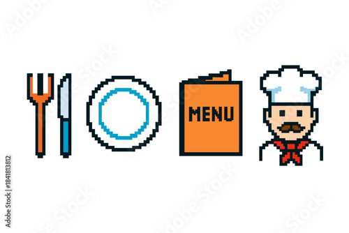 Pixel art dining icons: utensils, plate, menu, chef cartoon