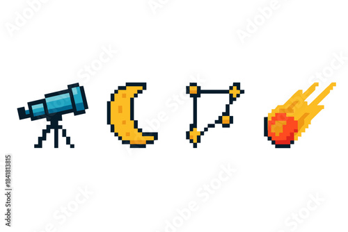 Pixel art space elements: telescope, moon, constellation, meteor